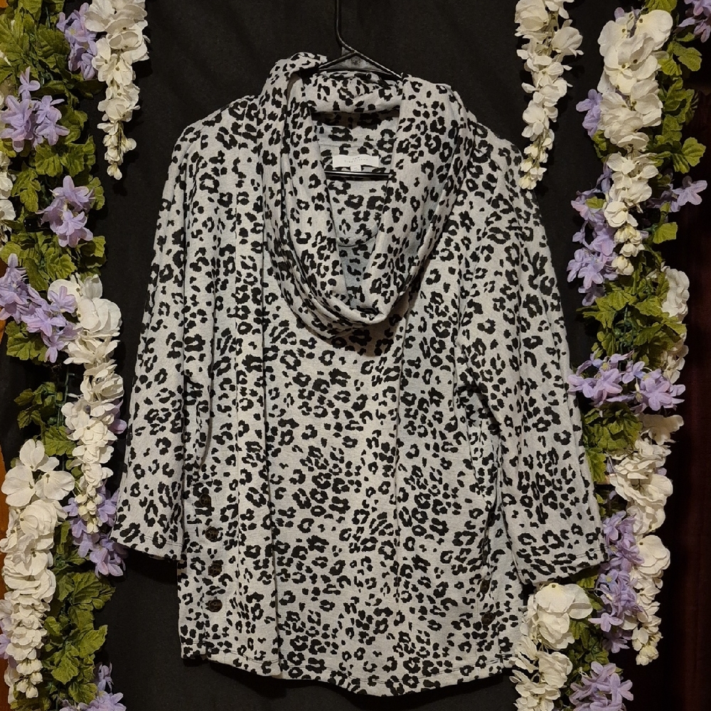 New Directions Black and Gray Animal Print Cowl Neck Sweater